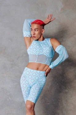 Women CXIX Tees & Tops*119 Corset Top + Removable Sleeves - Blue With Print