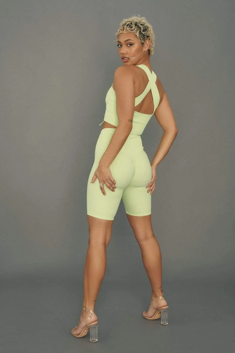 Women CXIX Leggings & Bikers*Move It Ribbed Corset Biker Shorts - Appletini